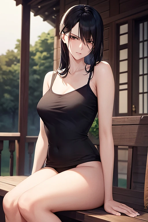 tall slender older beauty mother-in-law Black Hair Large T-shirt underwear Country house Sitting on the porch Glaring Drinking alcohol and being drunk