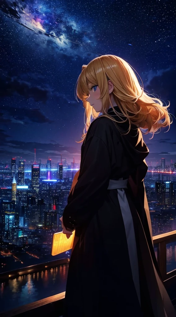 １people々々々々々々々々々々,Blonde long-haired woman，Long coat， Dress Silhouette， Rear View，Space Sky, comet, Anime Style, City night view from the rooftop，Countless falling meteors，Destroyed City，