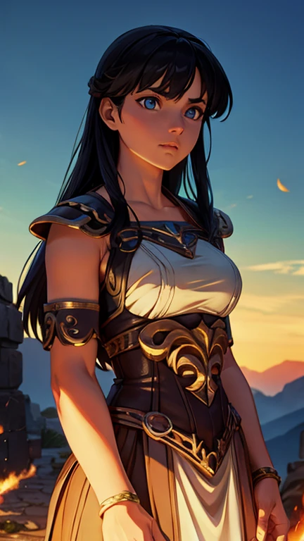 (1girl, XenaQuiron, GarkEst), (extremely detailed CG unit 8k wallpaper),(master part), (best quality), (ultra detail), (best illustration),(melhor ombre), cowboy shot, (Sharp eyeliner, ombre, detailed eyes:1), ancient Greek Ruins background,break , (ghibli style), upper body, 