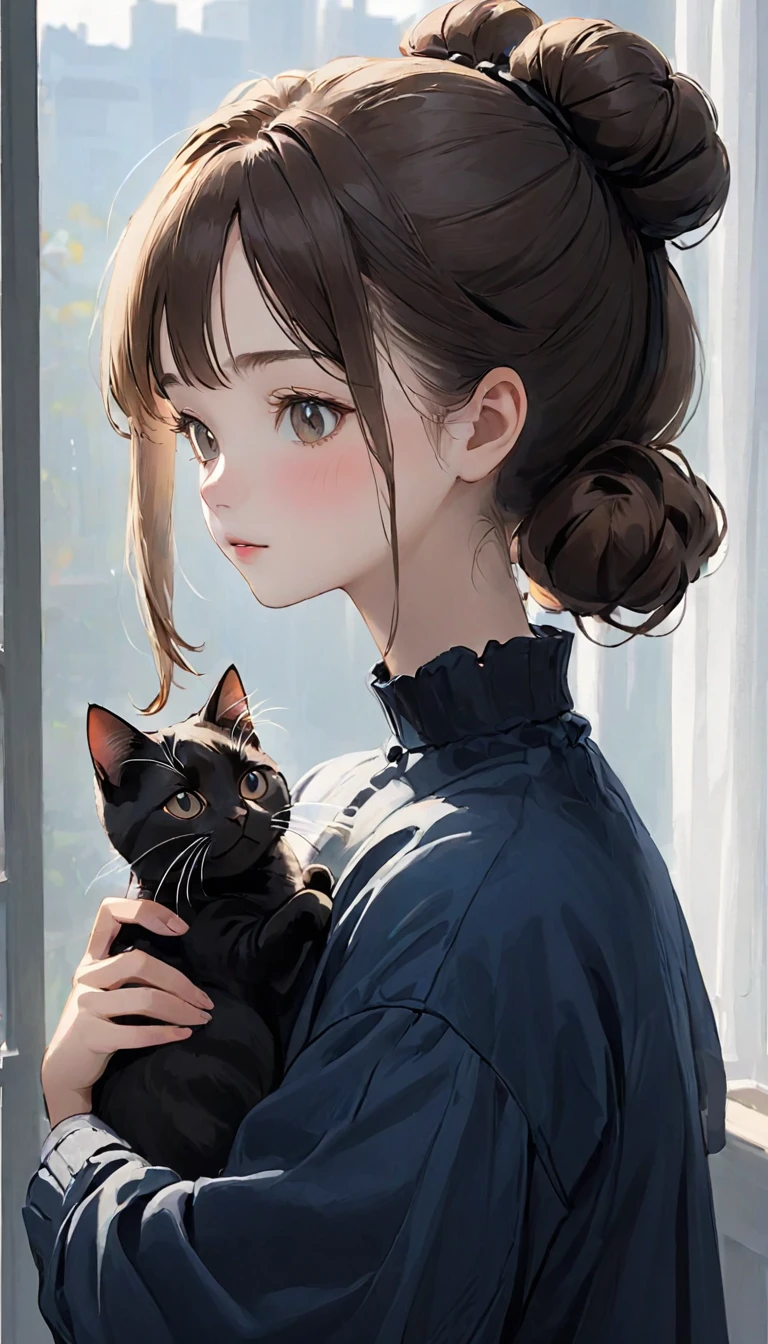 highest quality、Black catを抱く女の子、Cute 14 year old girl、Bun hair with brown hair tied、Black cat、Natural look、Long Shot、Natural light