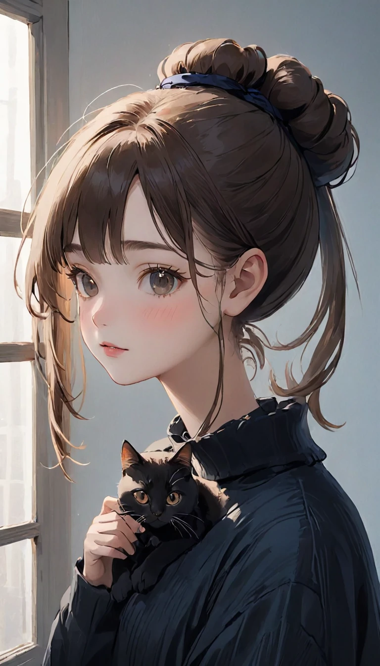 highest quality、Black catを抱く女の子、Cute  girl、Bun hair with brown hair tied、Black cat、Natural look、Long Shot、Natural light