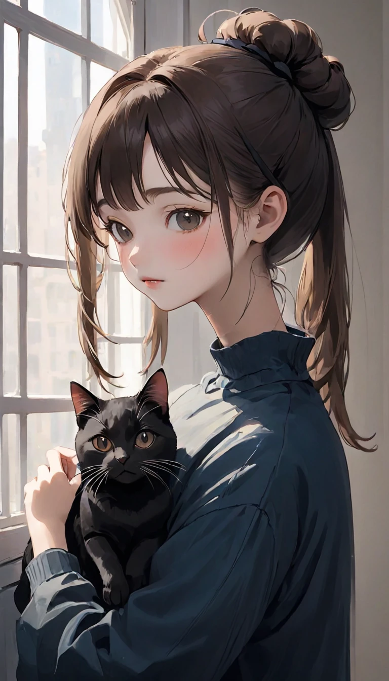 highest quality、Black catを抱く女の子、Cute 14 year old girl、Bun hair with brown hair tied、Black cat、Natural look、Long Shot、Natural light