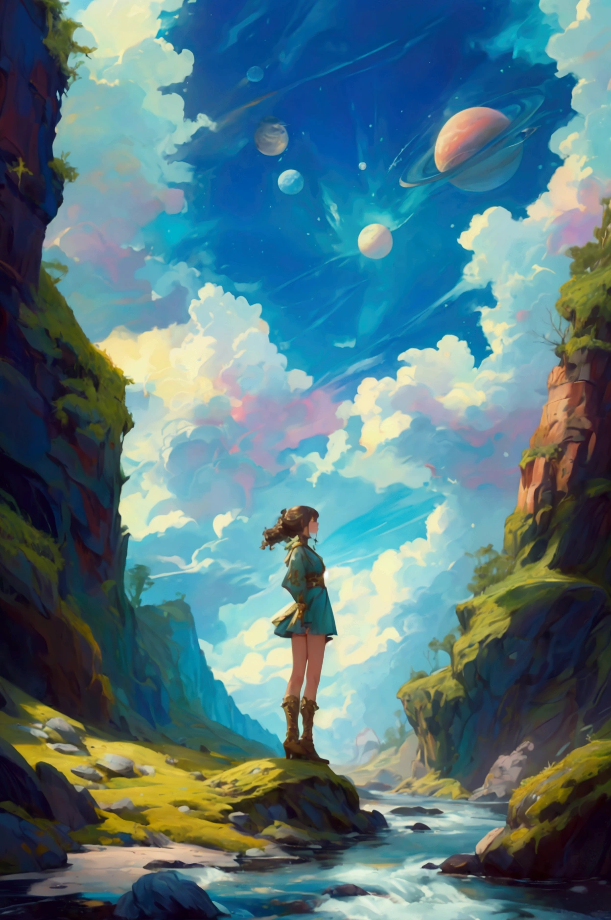 Create a beautifully detailed image featuring a cute girl standing in a fantastical landscape. The girl should be wearing a nature-themed outfit with elements of moss and stone, looking powerful and majestic. The background should include a cosmic sky with planets and a serene river flowing through rocky terrain. The overall theme and style of the image should be preserved exactly, maintaining the artistic style, rich details, and vibrant colors