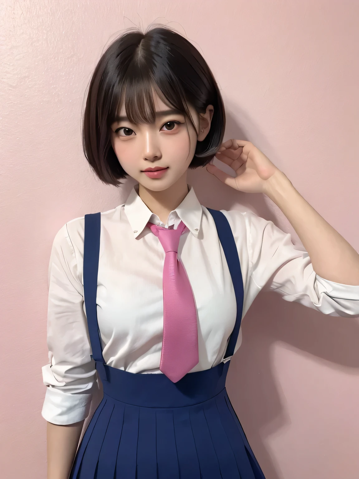 (8k, Highest quality, masterpiece: 1,2), (Realistic, The photo is real: 1.37), Super Detail, One Girl, ), (Very detailed), (Beautiful attention to detail), (Highest quality ), (Super Detailed), (masterpiece), (Detailed face), 20-year-old, 1 girl, whole body, Pink Hair, Very short hair, Medium chest, Fully clothed, Perfect lighting, Focus on pussy and breasts, View your viewers, Excited face, hair ornaments, Hair Clip, Sweater vest, white shirt, Backpack, bag, Downward, shirt, Short sleeve, uniform, Go to school, On the way to school