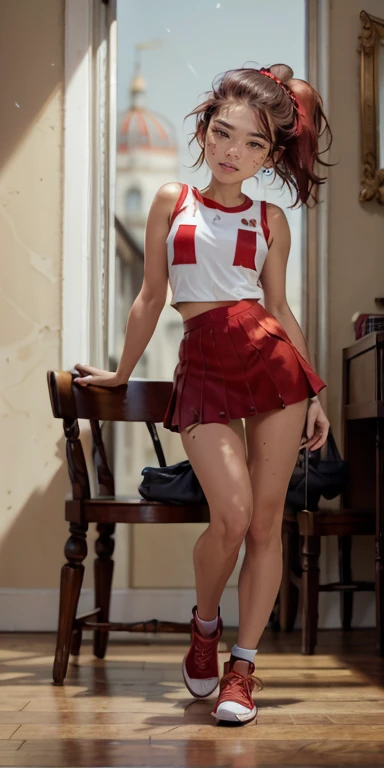 Photo of a 15-year-old European girl, .RAW, beautiful woman, (Light brown hair with ponytail hairstyle ), Ponytail hairstyle ((portrait)), ((detailed face:1.2)), ((detailed facial features)), (finely detailed skin), red uniform , (( red mini skirt)) red and white band around the head, sports shoes with freckles on cheeks and chest ,park, london ferris wheel、revealing clothing , erotic clothes、small breasts , big smile (cool color), humid, humid, Reflectors, (Tabletop) (perfect proportions)(Realistic photos)(The best quality) (detailed) photographed with a Canon EOS R5, 50mm lens, f/2.8, NffSW, (8k) (wallpaper) (cinematic lighting) (Dramatic lighting) (sharp focus) (Convoluted) ,  Whole body, beautiful woman body , game pose, ((full body:1.5))