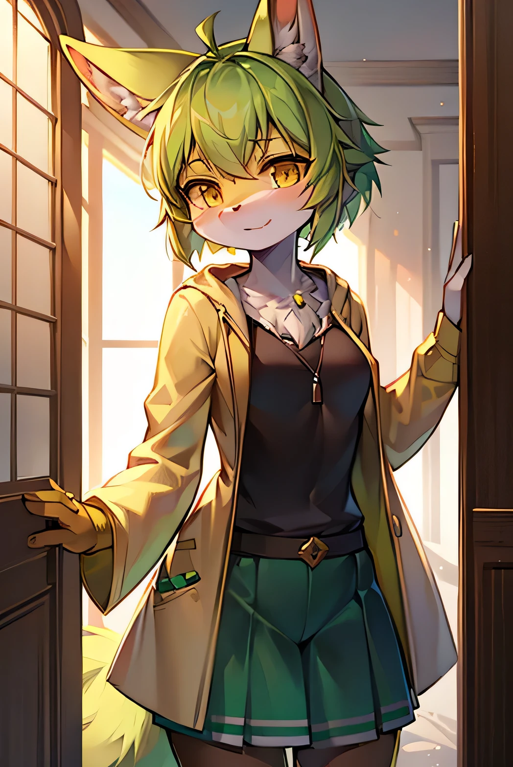 a rabbit "furry" with greenish yellow fur, lime hair, yellow eyes, and nice clothes. (Best Quality) (detailed) (furry) (With clothes on) (DO NOT SEXUALIZE) (Furry Rabbit) (photo of furry girl standing)