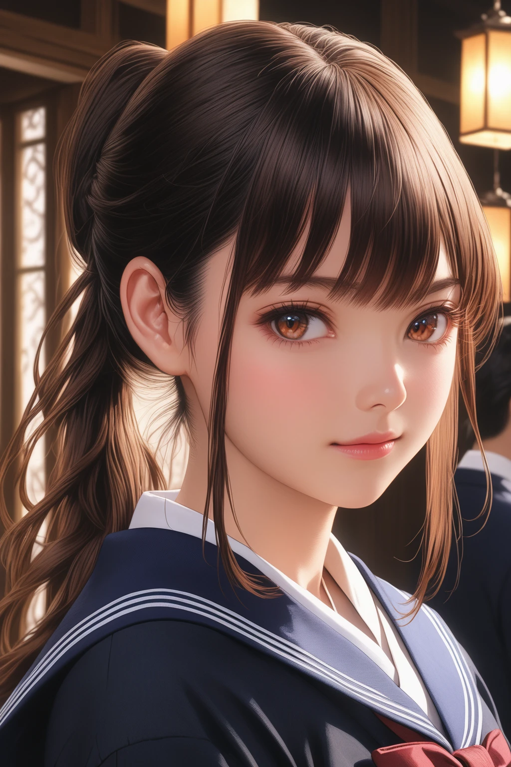 a beautiful anime school girl with, ponytail hairstyle, detailed facial features, beautiful eyes, elegant expression, school uniform, half body shot, (best quality,4k,8k,high res,masterpiece:1.2),ultra-detailed,(realistic, photorealistic,photo-realistic:1.37), intricate details, highly detailed, soft lighting, vibrant colors, anime art style