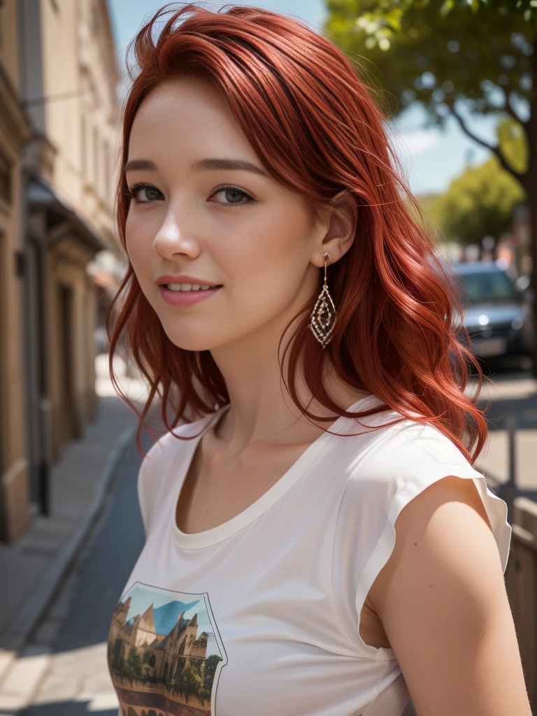 old town of Carcassone profifitography, CANON EOS , An 18-year-old. wunderschöne Red-Hairede junge Frau , beautiful detaileld face, perfect face, perfect full body,, perfect anatomy, Red-Haired (Christa Theret: 1.3), ( Alexia Fast: 1.3),,Highly detailed youthful face, proporções perfeitas, ((red hair)), curly hair, Very detailed, with whole body and an anatomically correct body, absolutely perfect face flawless skin, ,16K, HDR, broad light, high contrast, keen focus, RAW color photo, typical earrings, full body view, wide angle view, masterpiece, , outdoor,  colorful t-shirt top, Relaxed smile