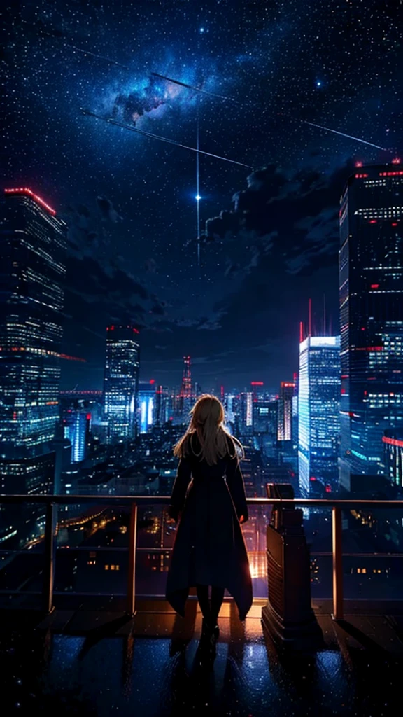 1people々々々々々々々々々々々々々々々々,Blonde long-haired woman,Long coat, Dress Silhouette, Rear View,Space Sky, comet, Anime Style, City night view from the rooftop,A pillar of light stretching into space,Destroyed city,