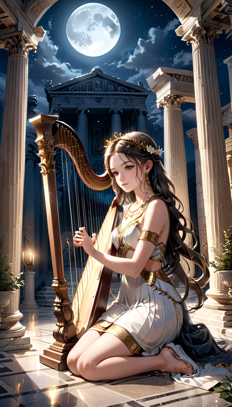 a young priestess, sitting, she places a harp larger than herself in front of him and plays it, playing a large lyre, ancient Greek temple, late at night, inside the temple it is (dark:1.3) and there is (no lighting:1.2), the moonlight shines in at an angle, shining a faint light on her., highly detailed, photorealistic, realistic lighting, intricate architecture, ornate decorations, cool color palette, golden accents, soft fabric textures, mesmerizing expression, elegant pose, cinematic composition, natural lighting, realistic shadows, mystical atmosphere, hyperrealistic, award-winning art