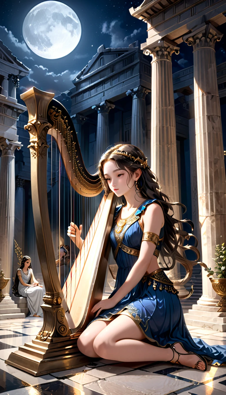 a young priestess, sitting, she places a harp larger than herself in front of him and plays it, playing a large lyre, ancient Greek temple, late at night, inside the temple it is (dark:1.3) and there is (no lighting:1.2), the moonlight shines in at an angle, shining a faint light on her., highly detailed, photorealistic, realistic lighting, intricate architecture, ornate decorations, cool color palette, golden accents, soft fabric textures, mesmerizing expression, elegant pose, cinematic composition, natural lighting, realistic shadows, mystical atmosphere, hyperrealistic, award-winning art