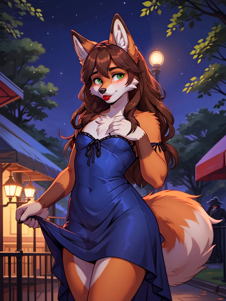 Best quality, furry male fox with green eyes, with brown long hair, with black spout, with red lipstick on lips, big lips, in a blue dress, crossdressing, shy, portrait, shoulder-high, sexy pose, stands seductively against the backdrop of a night park