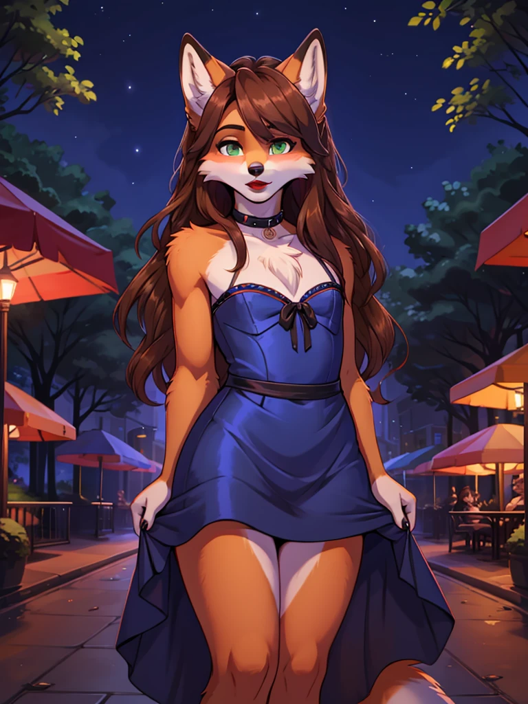Best quality, furry male fox with green eyes, with brown long hair, with black spout, with red lipstick on lips, big lips, in a blue dress, crossdressing, shy, portrait, shoulder-high, sexy pose, stands seductively against the backdrop of a night park