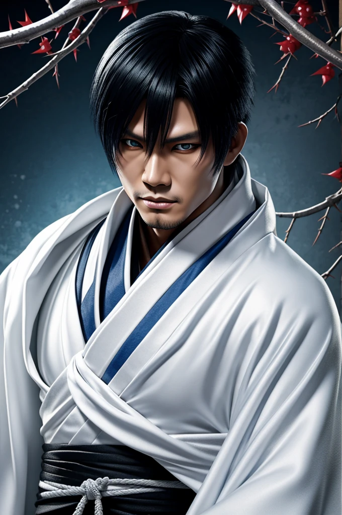 A yukio style assassin from soul of yokai with a white kimono with a silvery white scarf in the shape of thorns with blue eyes yukio version from soul of yokai