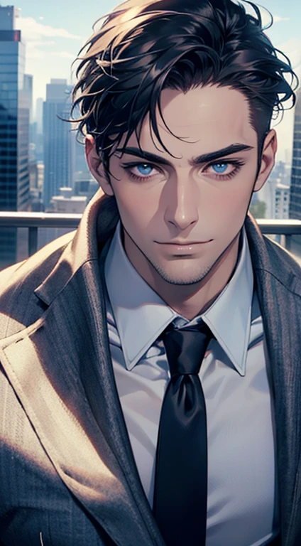 (best quality,4k,8k,highres,masterpiece:1.2),ultra-detailed,(realistic,photorealistic,photo-realistic:1.37),1 man,31 years old,mature man,very handsome,without expression,smile,short blue back hair,blue eyes,penetrating gaze,perfect face without errors,imposing posture,businessman,office background,cinematic lighting,hdr image