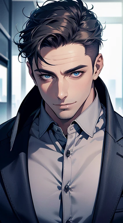 (best quality,4k,8k,highres,masterpiece:1.2),ultra-detailed,(realistic,photorealistic,photo-realistic:1.37),1 man,31 years old,mature man,very handsome,without expression,smile,short blue back hair,blue eyes,penetrating gaze,perfect face without errors,imposing posture,businessman,office background,cinematic lighting,hdr image
