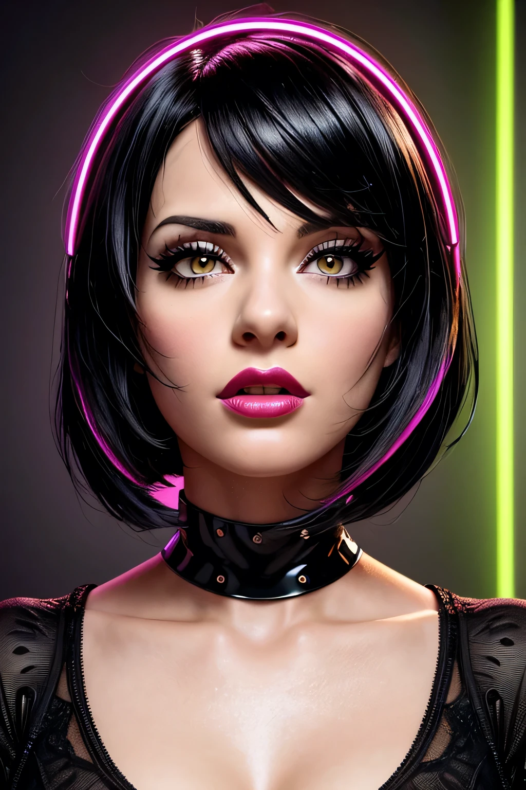 (Better Quality, overview:1.2),Realist,Illustrator,anime,1 girl, Detailed lips, Black Dress,custom, (Monochrome dark background),Neon Hair,Texture Cut, obra de Until then, Classic retro style, Black Dark, Until then,  (Black bob hair:1.75 Neon:1.32), bad woman , Dark monochrome background