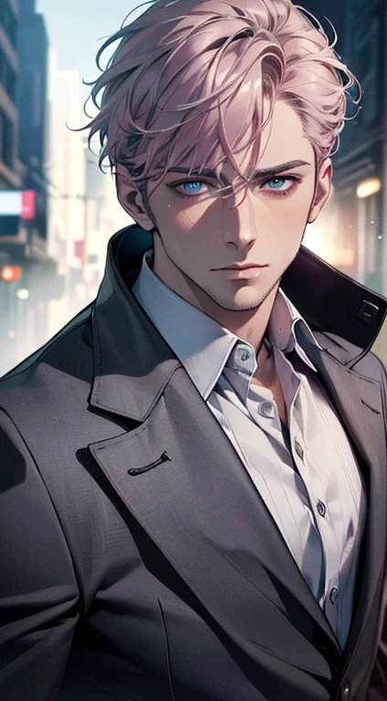 (best quality,4k,8k,highres,masterpiece:1.2),ultra-detailed,(realistic,photorealistic,photo-realistic:1.37),cinematic lighting,1:4 hdr image,a mature man, 32 years old,very handsome,cold expression,short grey pink hair,blue eyes,flawless face,buttoning his jacket,CEO