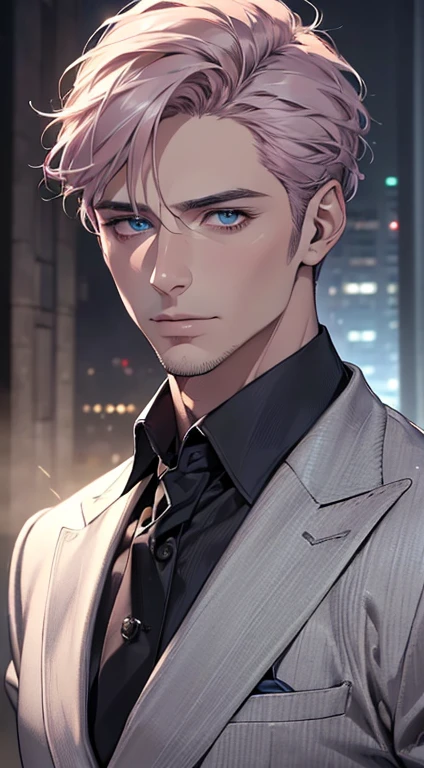 (best quality,4k,8k,highres,masterpiece:1.2),ultra-detailed,(realistic,photorealistic,photo-realistic:1.37),cinematic lighting,1:4 hdr image,a mature man, 32 years old,very handsome,cold expression,short grey pink hair,blue eyes,flawless face,buttoning his jacket,CEO