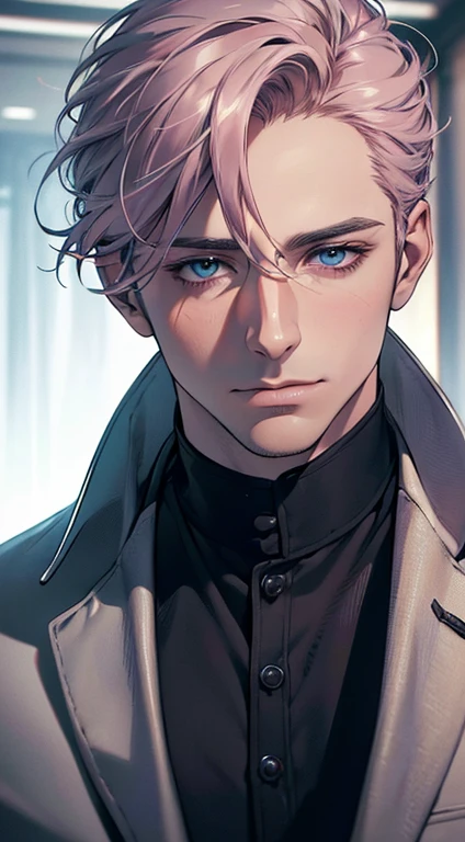 (best quality,4k,8k,highres,masterpiece:1.2),ultra-detailed,(realistic,photorealistic,photo-realistic:1.37),cinematic lighting,1:4 hdr image,a mature man, 32 years old,very handsome,cold expression,short grey pink hair,blue eyes,flawless face,buttoning his jacket,CEO