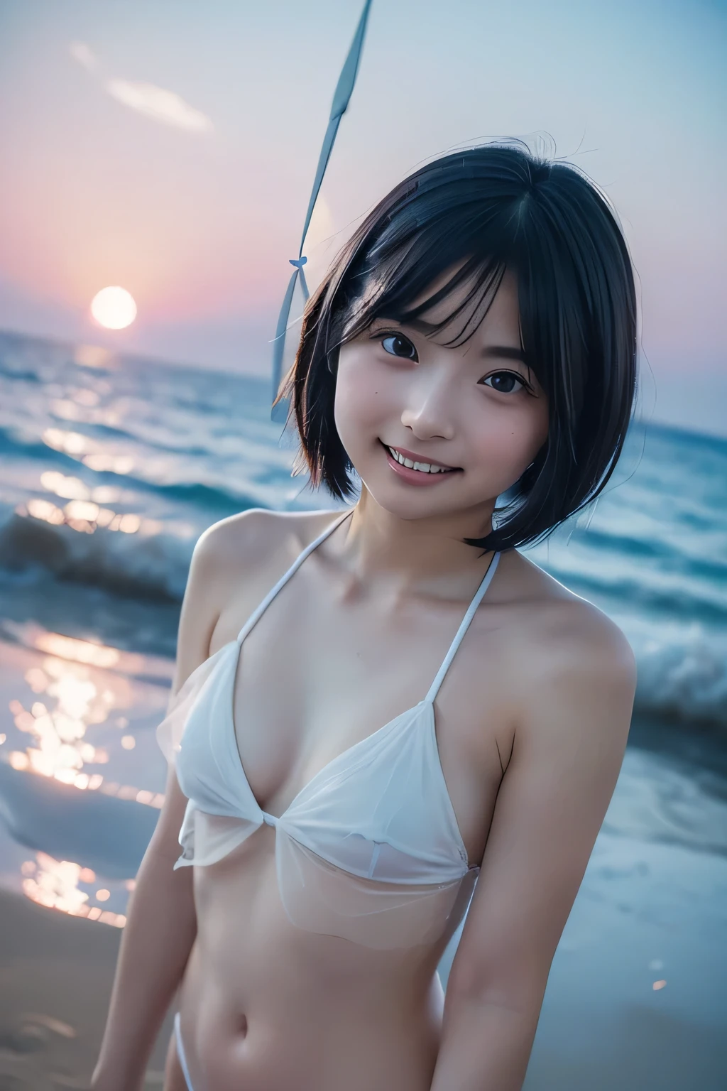 (Hyper Reality: 1.35), (Realistic: 1.4), Beautiful Japanese Women, smile, masterpiece, 最high quality, high quality, alone, very good, Latin, puberty, Only one girl,  ((Small face)), ((Large Breasts)), ((最high quality)),((Hello)),((Very delicate and beautiful)),((Very shallow depth of field)), Hmph,((Incredibly shallow depth of field)). family friendly)), (((Very delicate and beautiful)), (((Very shallow depth of field))), Hmph, (((Unbelievably absurd))), (((Black Hair )), (((Shortcuts))), (((Bob Hair))), ((( Camera Eye)))), (((small ))), (((smile))), poor, my + background, Dynamic Angle, Focus on women, {Particles of light}, Detailed background, Soft lighting, (dramatic) sunset), sunset, very beautiful sunset, Live Action, Realistic, (blurred background), ((13 years old)),, (((wind:1.5))), ((Movement)), ((emotion)), ((colorful)), ((Baby Face)), ((Beautiful Teeth)), Wither, sea background, No makeup, whole body,  BDSM, ((nsfw:1.2)), (White see-through bikini:1.4), The crack of her pussy is visible through the glass,