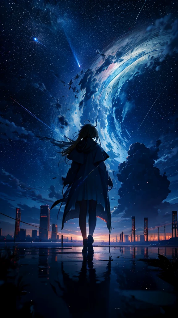 １people々々々々々々々々々々々々々々々々,Blonde long-haired woman，Long coat， Dress Silhouette， Rear View，Space Sky, comet, Anime Style, A pillar of light stretching into space，Destroyed city，