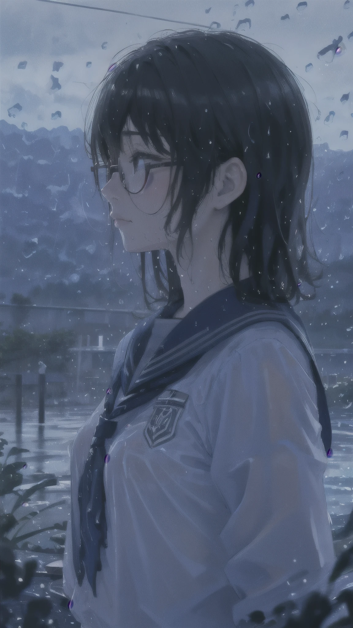 One girl、uniform、scenery、Glasses、profile、Landscape、Beautiful girl、Close-up of face、Highest quality、Masterpiece、Upper Body、solo、Wet Hair、rain