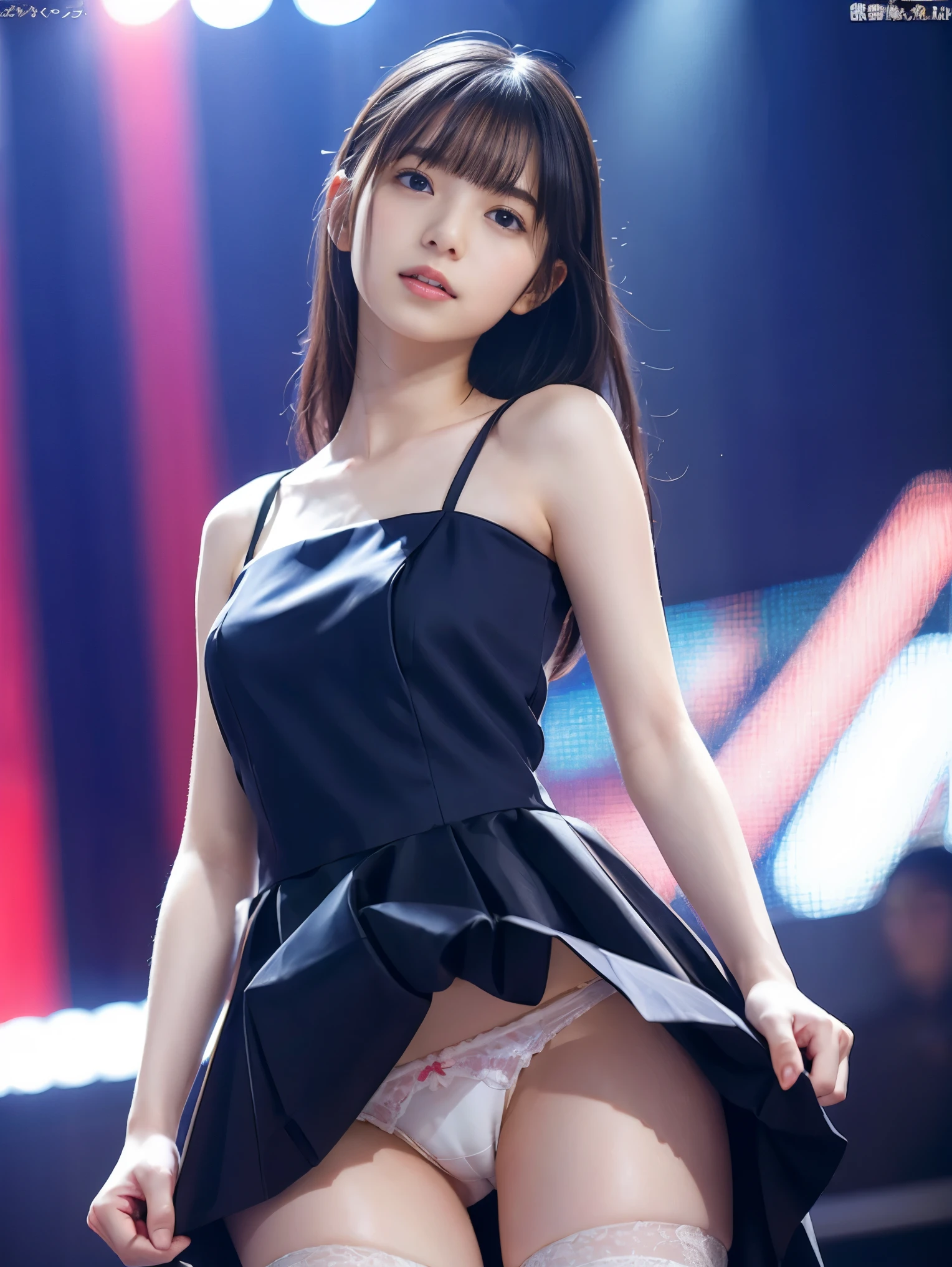Highly detailed CG Unity 8k wallpaper、Highest quality、Ultra-detailed、masterpiece、Realistic、Photo realistic、A cute girl drawn in great detail、20-year-old、(Skirt rip)、(Roll up the skirt yourself))、White panties、Panty Focus、blush、Lips parted、Looking at the audience、Semi Body Shot、JAPANESE IDOL OUTFIT、stage、Showing panties、Waist、thigh
