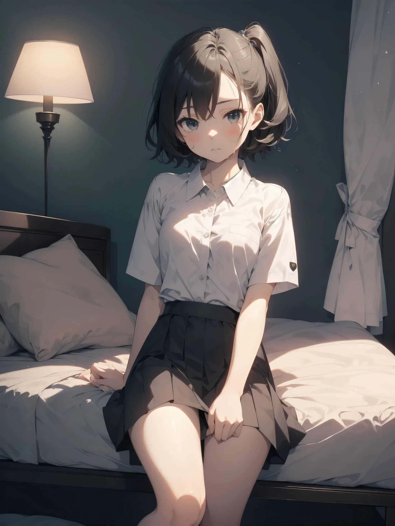 ultra-absurdres-Top quality by artist God, ultra-detailed, high resolution, anime moe artstyle, best anime 8k konachan wallpaper, pixiv contest winner, JAV cover, perfect anatomy,break, 1girl, (Please draw a girl sitting sleepily on bed. )break,(Solo,little female,tomboy, 9-year-old:1.3),Full limbs, complete fingers,a junior high school student, (very short hair), short cut, Soft flat chest,groin, small butt, small black eyes, beautiful detailed eyes, well-proportioned iris and pupils, expressive eyes, highres detailed hair, sweat, wet, soft expression,white shirt,collared shirt, pleated skirt, soft thighs,(Detailed Lighting), (Detailed background),Sexual beds, in the bedroom. break,super detailed skin, shiny skin, Best sexuall lighting powered by famous artist, 8k,beauty illustration,photoshop_(medium),very aesthetic,break,((artist:yd_(orange_maru) )), artist:fujiyama, artist:carnelian, artist:kantoku,