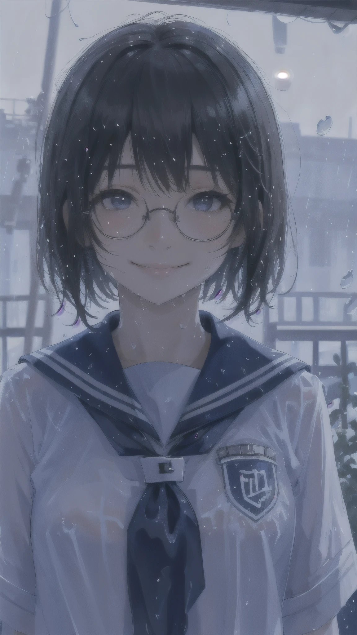 One girl、uniform、scenery、Glasses、A kind smile、Beautiful girl、Close-up of face、Beautiful girl、Upper Body、solo、Wet Hair、rain