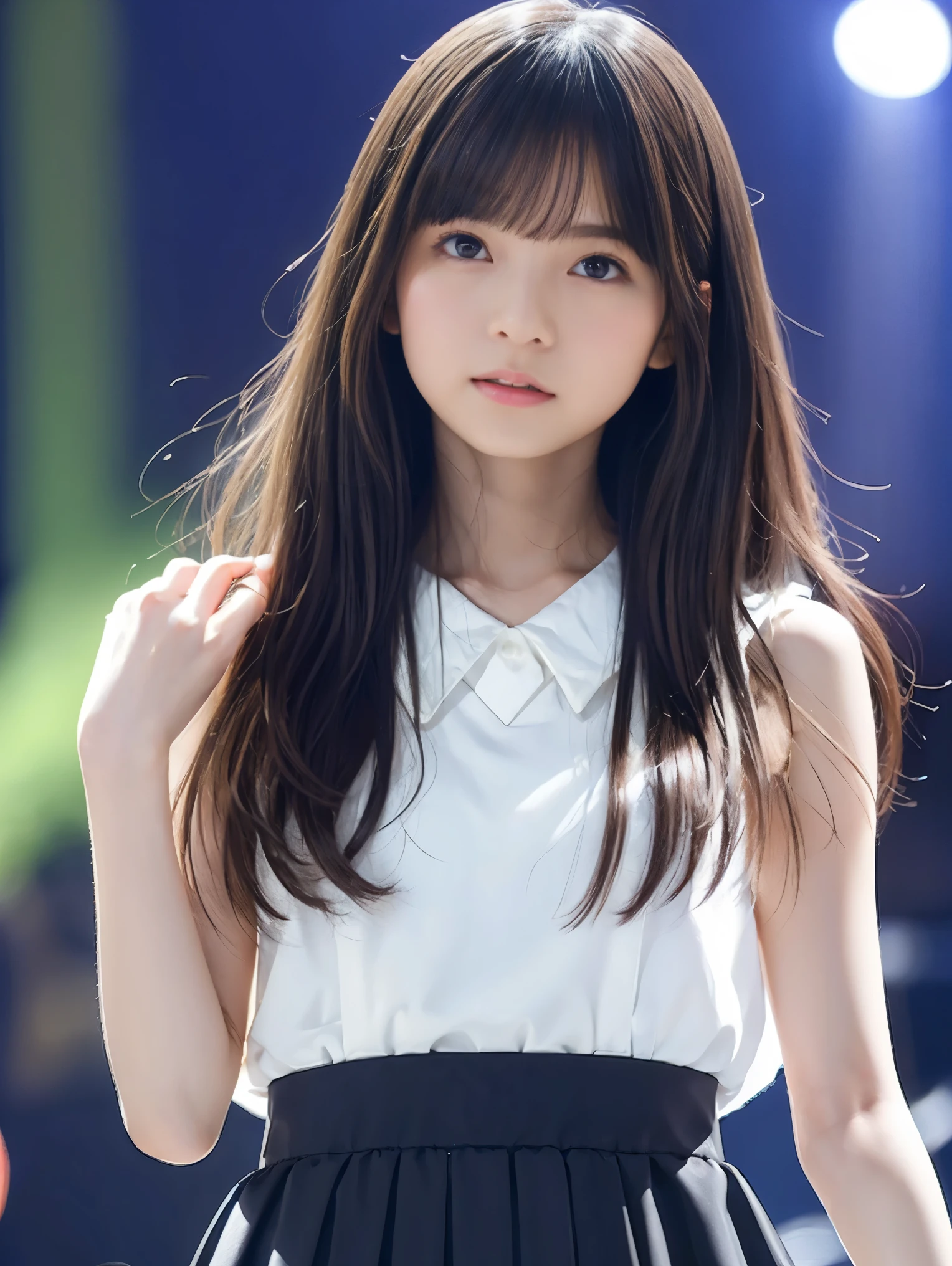 Highly detailed CG Unity 8k wallpaper、Highest quality、Ultra-detailed、masterpiece、Realistic、Photo realistic、A cute girl drawn in great detail、20-year-old、(Skirt rip)、(Roll up the skirt yourself))、White panties、Panty Focus、blush、Lips parted、Looking at the audience、Semi Body Shot、JAPANESE IDOL OUTFIT、stage、Showing panties、Waist、thigh