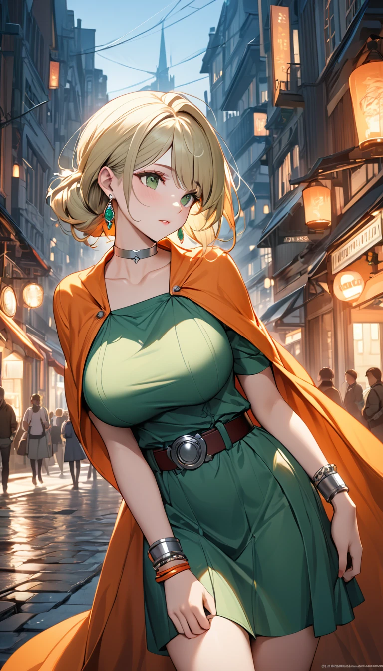 (8k, masterpiece, Highest quality, High resolution, Ultra-fine illustrations:1.2), (Beautiful attention to detail:1.2), One girl, alone, city, Outdoor, 
DQ Bianca, Single Blade, Earrings, choker, Orange Cape, Green Dress, belt, bracelet, Large Breasts, Contrasting