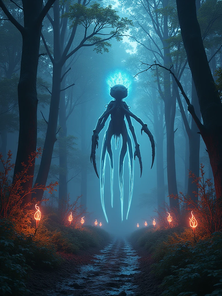 (Best quality,8k,high resolution,masterpiece:1.2),Super detailed,alien forest,harsh environment,(((dark night background,恐怖的外星dark night background,Black light art background))), 可怕的发光Alien Creatures,Powerful electromagnetic waves,Light Wave,Flying in the air,anger,transparent,Long legs,Glowing alien plants,Magic Wand,Fantasy landscape,Dark depressing colors,Fluorescent atmosphere,异想天开的Alien Creatures,otherworldly plants,Horrible scenery,Mysterious aura,Alien Creatures,Mesmerizing charm,Ethereal atmosphere,Surreal elements,Cosmic Energy,Fantasy realm,Dreamlike environment,Surreal creatures,Horror Forest,Imaginary worlds,Amazing alien terrain,Whimsical plants,Mood lighting,Vibrant Leaves,The ethereal existence,otherworldly glow,captivating details,Complex texture,Vibrant colors