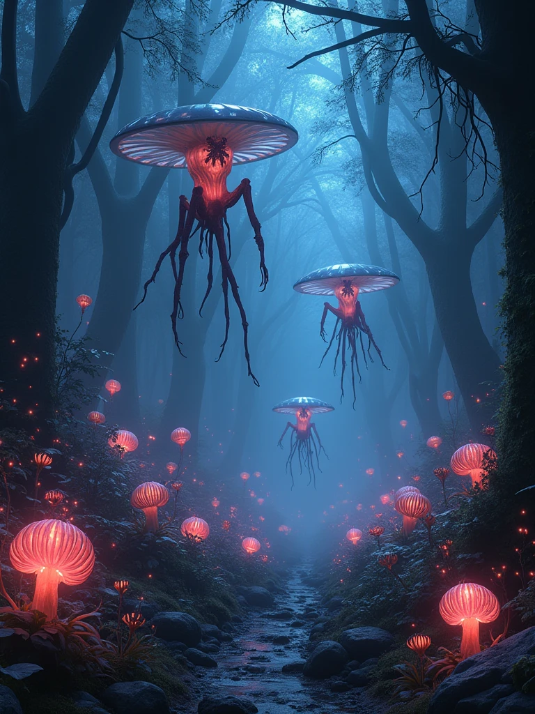 （Best quality，8k，high resolution，masterpiece：1.2），Super detailed，alien forest，harsh environment，(((dark night background，恐怖的外星dark night background，Black light art background))), 可怕的发光Alien Creatures，Powerful electromagnetic waves，Light Wave，Flying in the air，anger，transparent，Long legs，Glowing alien plants，Magic Wand，Fantasy landscape，Dark depressing colors，Fluorescent atmosphere，异想天开的Alien Creatures，otherworldly plants，Horrible scenery，Mysterious aura，Alien Creatures，Mesmerizing charm，Ethereal atmosphere，Surreal elements，Cosmic Energy，Fantasy realm，Dreamlike environment，Surreal creatures，Horror Forest，Imaginary worlds，Amazing alien terrain，Whimsical plants，Mood lighting，Vibrant Leaves，The ethereal existence，otherworldly glow，captivating details，Complex texture，Vibrant colors
