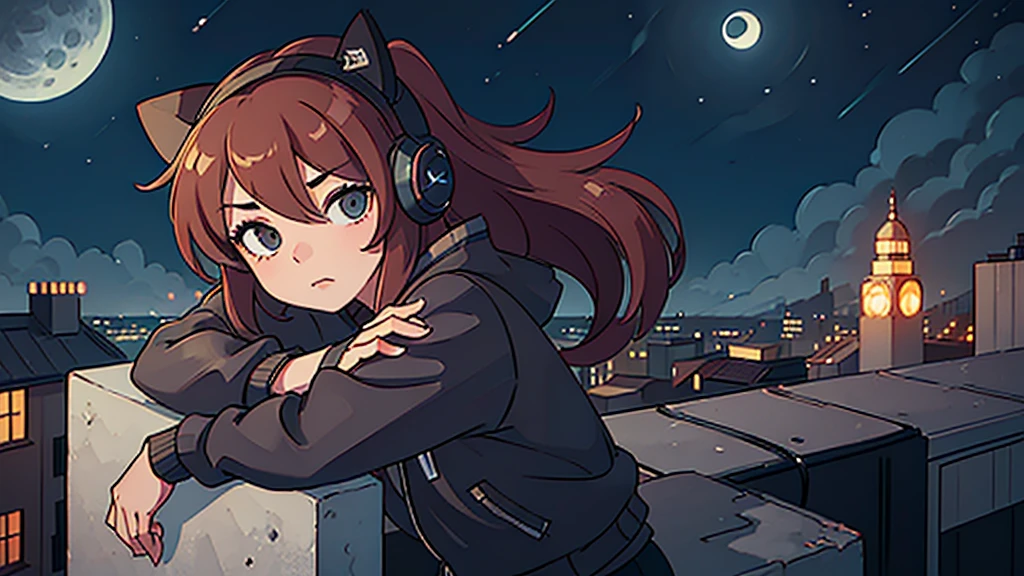 A girl, cat ears, wearing headphones and a leather jacket, is sitting on the edge of a rooftop at night. The city lights are shining behind her, and the moon is reflected on the sea. unaware of the camera that is capturing this moment.