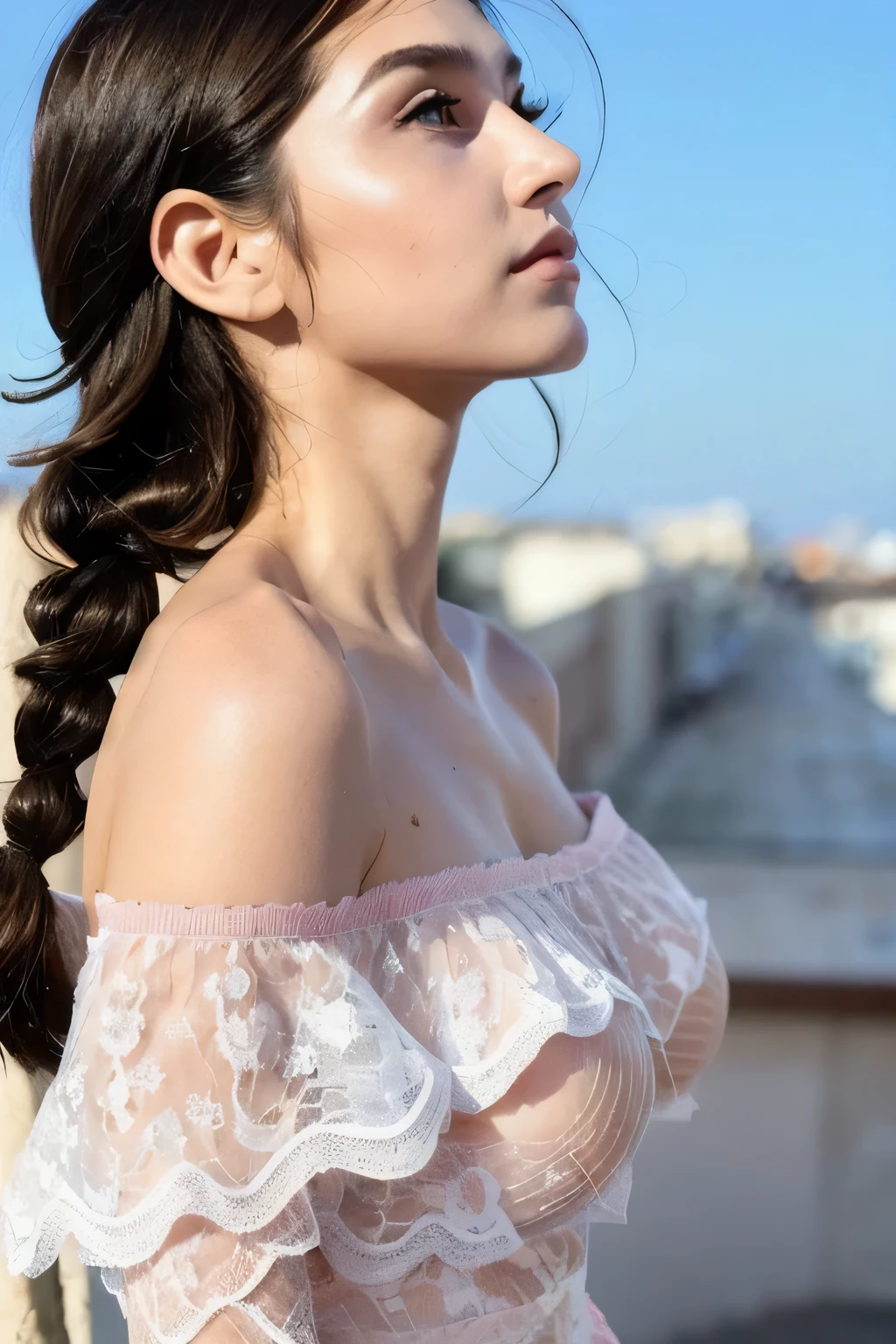 ((Highest quality, 8k, masterpiece: 1.3)), sharp: 1.2, Perfect Body Beauty: 1.6, ((Layered Hairstyles, Small breasts: 1.0, A Cup: 2.0)), (blue sky: 2.0), (white and pink lace dress: 2.0), (A sheer off-the-shoulder dress: 2.0), ((long hair: 2.0)), ((necklace)), Earrings, ring, Bracelet, Hair Accessories, ((Beautiful young teenager woman)), ((Straight nose)), (Eyeliner), Armpit Hair, Bristles, ((White and beautiful skin)), Wavy Hair, Beautiful attention to detail, Super detailed, Highly detailed face and skin texture, fine grain, double eyelid, Black Hair, Big Ass, Lower Body, Thighs, (((Skinny))), Wet and shiny lips, (smile: 1.0), Get a grip on your body, ((Anatomically correct human body)), ((Crisp body shape)), Ribs, clavicle, Protruding skeleton, A face without nasolabial folds, Shyness, Thin eyebrows, Big eyes, (Narrow shoulders: 2.0), White skin, Closed Mouth, (Belly button: 1.5), Unbroken jaw, (shoot from side: 1.5)