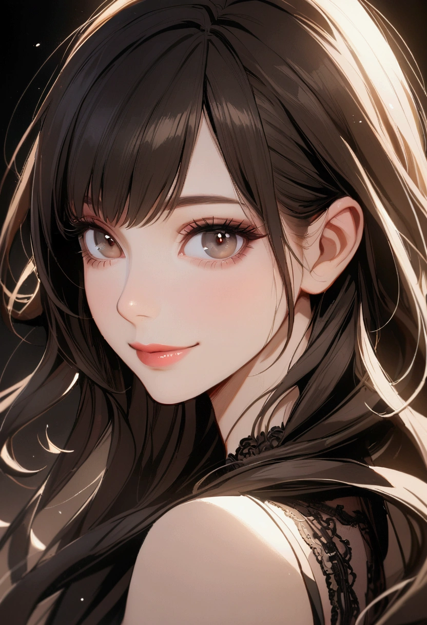 slender, mature female,rating:safe, 1girl, solo, lips, looking_at_viewer, bangs, nose, black_eyes, brown_hair, closed_mouth, long_hair, bare_shoulders, eyelashes, smile, brown_eyes, black_hair