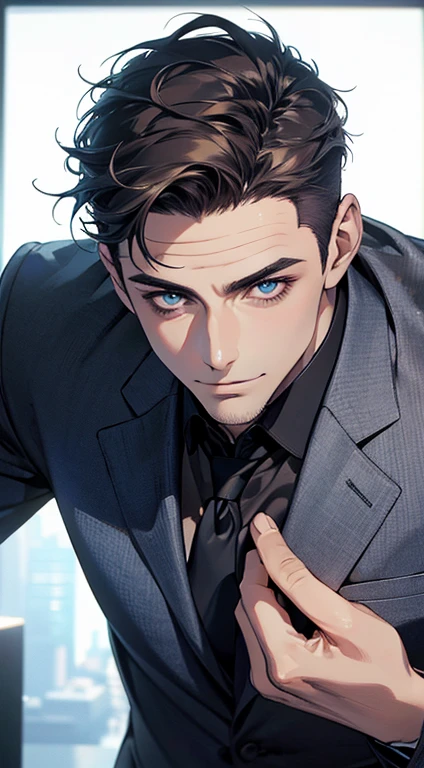(best quality,4k,8k,highres,masterpiece:1.2),ultra-detailed,(realistic,photorealistic,photo-realistic:1.37),1 man,31 years old,mature man,very handsome,without expression,smile,short blue back hair,blue eyes,penetrating gaze,perfect face without errors,imposing posture,businessman,office background,cinematic lighting,hdr image