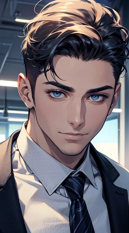 (best quality,4k,8k,highres,masterpiece:1.2),ultra-detailed,(realistic,photorealistic,photo-realistic:1.37),1 man,31 years old,mature man,very handsome,without expression,smile,short blue back hair,blue eyes,penetrating gaze,perfect face without errors,imposing posture,businessman,office background,cinematic lighting,hdr image