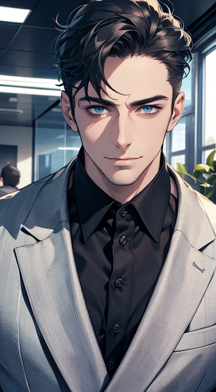 (best quality,4k,8k,highres,masterpiece:1.2),ultra-detailed,(realistic,photorealistic,photo-realistic:1.37),1 man,31 years old,mature man,very handsome,without expression,smile,short blue back hair,blue eyes,penetrating gaze,perfect face without errors,imposing posture,businessman,office background,cinematic lighting,hdr image