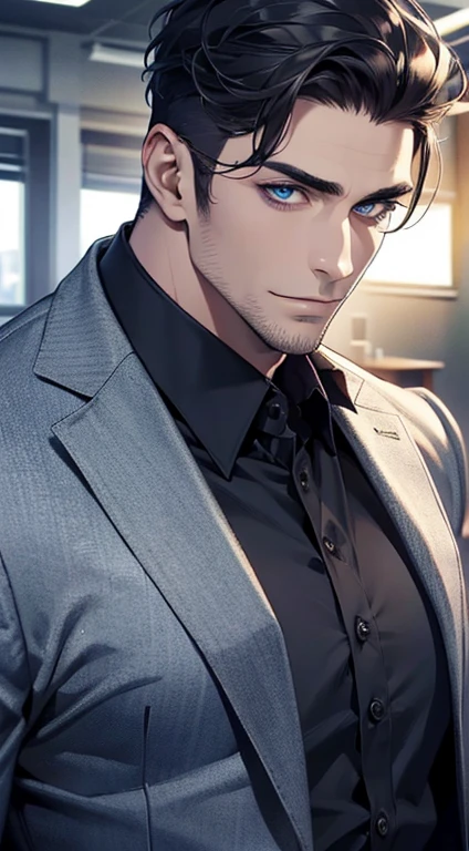 (best quality,4k,8k,highres,masterpiece:1.2),ultra-detailed,(realistic,photorealistic,photo-realistic:1.37),1 man,31 years old,mature man,very handsome,without expression,smile,short blue back hair,blue eyes,penetrating gaze,perfect face without errors,imposing posture,businessman,office background,cinematic lighting,hdr image