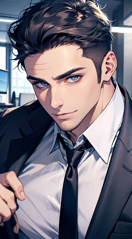 (best quality,4k,8k,highres,masterpiece:1.2),ultra-detailed,(realistic,photorealistic,photo-realistic:1.37),1 man,31 years old,mature man,very handsome,without expression,smile,short blue back hair,blue eyes,penetrating gaze,perfect face without errors,imposing posture,businessman,office background,cinematic lighting,hdr image