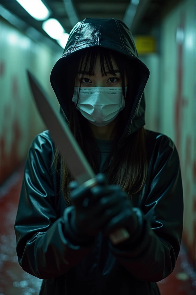 korean girl, (behind corpse, surgical mask), holding knife, stabbing, black gloves, tunnel full of blood, black raincoat, bucket hat, holding knife, black gloves, behind corpse, blood splatter, long bangs, underground, black wet suit, night, mass murderer, killer, robbery, dark atmosphere, cinematic lighting, atmospheric realistic, close-up,