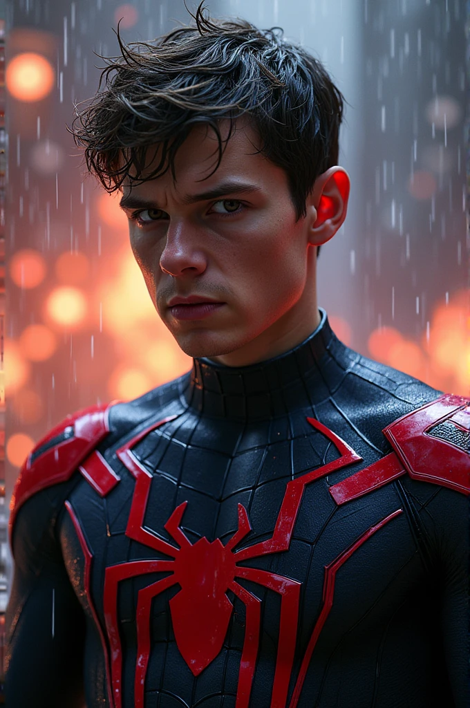 Tom Holland Spider Man.It is raining. The background is a cacophony of fire and lightning and he is injured. He is wearing the secret wars suit. It is raining.black and blue all over the suit with red lining, he has short hair