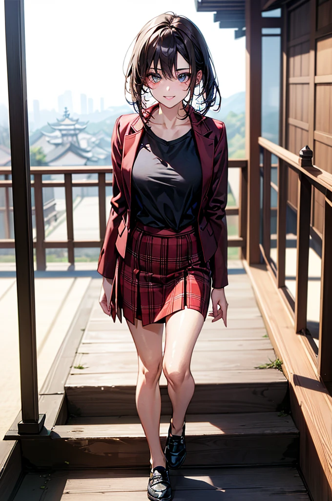 (Biologically correct limb count),Full body, including face,4K,Focus on the masterpiece face,Well-proportioned facial features,Delicate descriptive eyes,One beautiful woman,(Black shirt,red jacket,red plaid skirt),(Grin),Photos with white borders,looking at the camera,Kiyomizu-dera Temple Walking,Walking down the stairs
