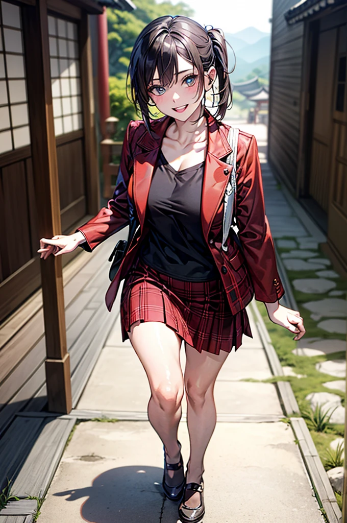 (Biologically correct limb count),Full body, including face,4K,Focus on the masterpiece face,Well-proportioned facial features,Delicate descriptive eyes,One beautiful woman,(Black shirt,red jacket,red plaid skirt),(Grin),Photos with white borders,looking at the camera,Kiyomizu-dera Temple Walking,Walking down the stairs