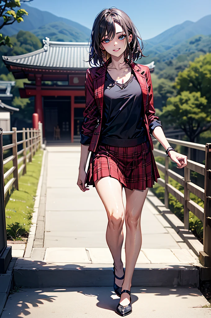 (Biologically correct limb count),Full body, including face,4K,Focus on the masterpiece face,Well-proportioned facial features,Delicate descriptive eyes,One beautiful woman,(Black shirt,red jacket,red plaid skirt),(Grin),Photos with white borders,looking at the camera,Kiyomizu-dera Temple Walking,Walking down the stairs
