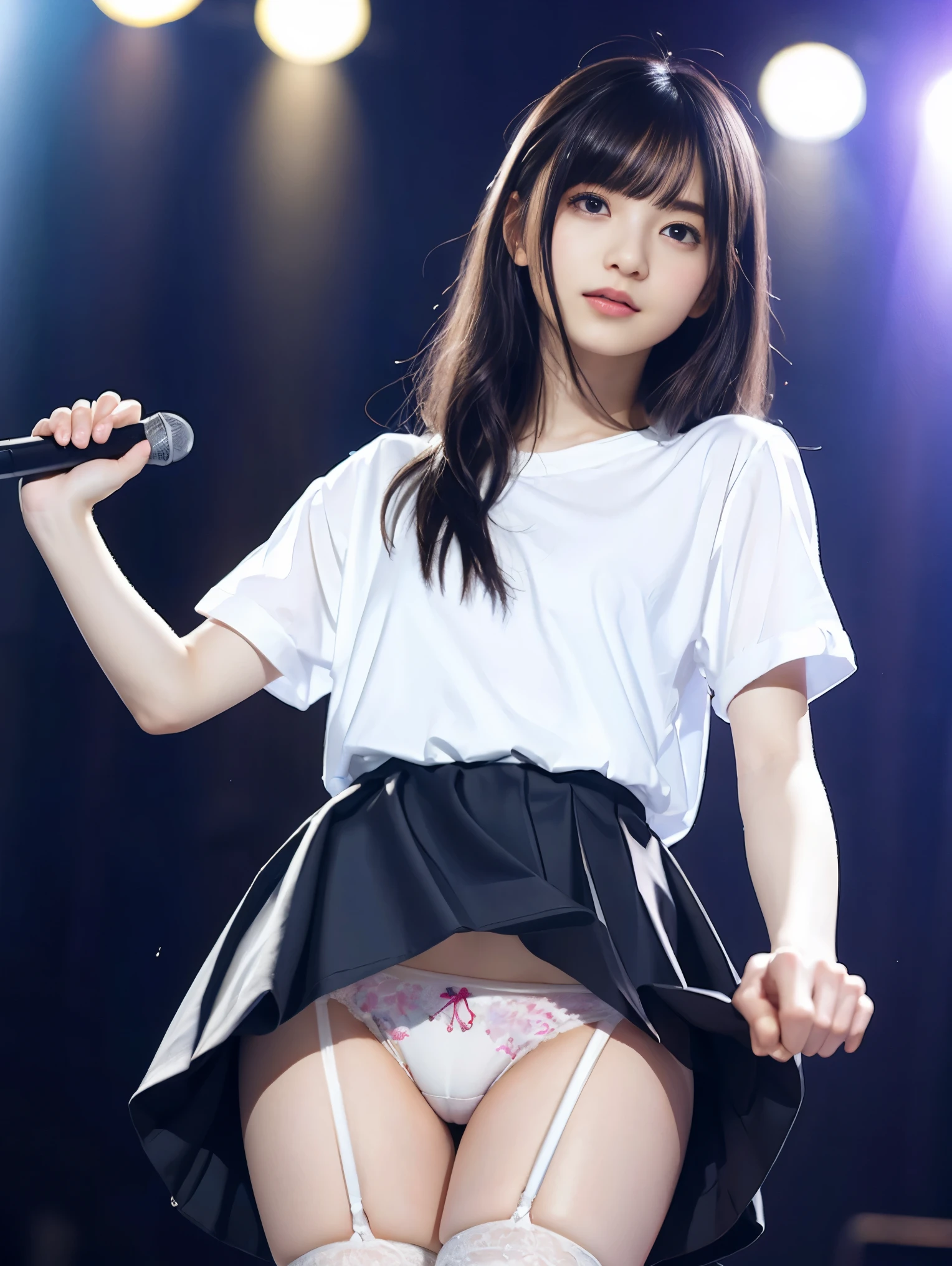 Highly detailed CG Unity 8k wallpaper、Highest quality、Ultra-detailed、masterpiece、Realistic、Photo realistic、A cute girl drawn in great detail、20-year-old、(Skirt rip)、(Roll up the skirt yourself))、White panties、Panty Focus、blush、Lips parted、Looking at the audience、Semi Body Shot、JAPANESE IDOL OUTFIT、stage、Showing panties、Waist、thigh