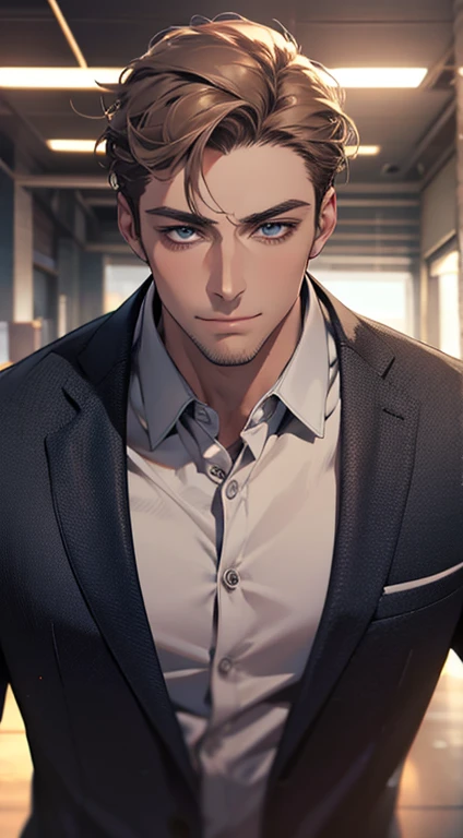 (best quality,4k,8k,highres,masterpiece:1.2),ultra-detailed,(realistic,photorealistic,photo-realistic:1.37),1 man,31 years old,mature man,very handsome,without expression,smile,short grey brown hair,blue eyes,penetrating gaze,perfect face without errors,imposing posture,businessman,office background,cinematic lighting,hdr image