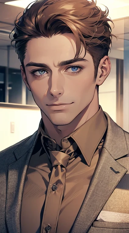 (best quality,4k,8k,highres,masterpiece:1.2),ultra-detailed,(realistic,photorealistic,photo-realistic:1.37),1 man,31 years old,mature man,very handsome,without expression,smile,short grey brown hair,blue eyes,penetrating gaze,perfect face without errors,imposing posture,businessman,office background,cinematic lighting,hdr image